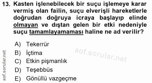 13. soru: Kasten işlenebilecek bir suçu işlemeye karar vermiş olan failin, suçu elverişli hareketlerle doğrudan doğruya icraya…