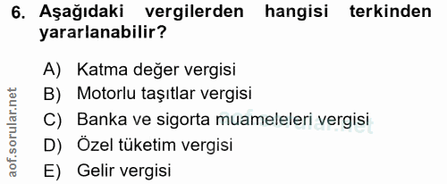 6. soru: Aşağıdaki vergilerden hangisi terkinden yararlanabilir? A) Katma değer vergisi B) Motorlu taşıtlar vergisi orular.n C…