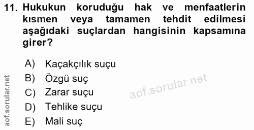 11. soru: Hukukun koruduğu hak ve menfaatlerin kismen veya tamamen tehdit edilmesi aşağıdaki suçlardan hangisinin kapsamına gir…