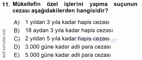 11. soru: Mükellefin özel işlerini yapma suçunun cezası aşağıdakilerden hangisidir? A) 1 yıldan 3 yıla kadar hapis cezası B) 18…