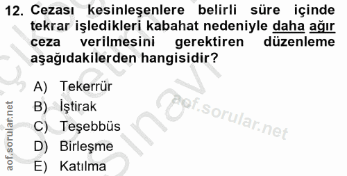 12. soru: Cezası kesinleşenlere belirli süre içinde tekrar işledikleri kabahat nedeniyle daha ağır ceza verilmesini gerektiren…