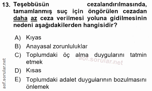 13. soru: Teşebbüsün cezalandırılmasında, tamamlanmış suç için öngörülen cezadan daha az ceza verilmesi yoluna gidilmesinin ned…
