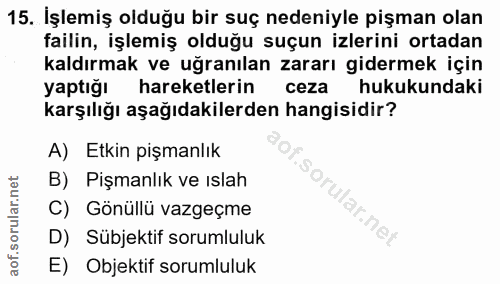 15. soru: İşlemiş olduğu bir suç nedeniyle pişman olan failin, işlemiş olduğu suçun izlerini ortadan kaldırmak ve uğranılan zar…