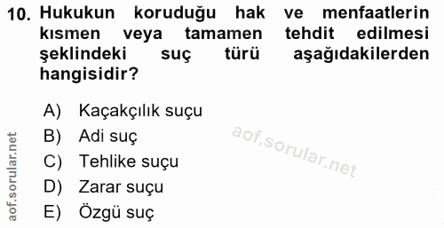 10. soru: Hukukun koruduğu hak ve menfaatlerin kısmen veya tamamen tehdit edilmesi şeklindeki suç türü aşağıdakilerden hangisid…