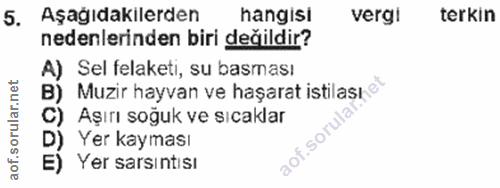 5. soru: Aşağıdakilerden hangisi vergi terkin nedenlerinden biri değildir? A) Sel felaketi, su basması B) Muzir hayvan ve haşa…