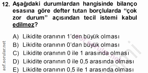 12. soru: Aşağıdaki durumlardan hangisinde bilanço esasına göre defter tutan borçlularda "çok zor durum" açısından tecil istemi…