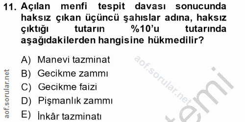 11. soru: Açılan menfi tespit davası sonucunda haksız çıkan üçüncü şahıslar adına, haksız çıktığı tutarın %10'u tutarında aşağı…