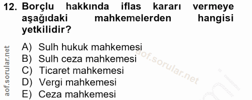12. soru: Borçlu hakkında iflas kararı vermeye aşağıdaki mahkemelerden hangisi yetkilidir? A) Sulh hukuk mahkemesi B) Sulh ceza…