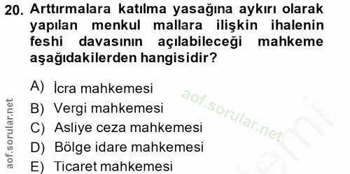 20. soru: Arttırmalara katılma yasağına aykırı olarak yapılan menkul mallara ilişkin ihalenin feshi davasının açılabileceği mah…