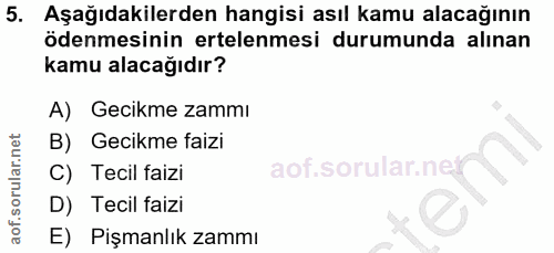 5. soru: Aşağıdakilerden hangisi asıl kamu alacağının ödenmesinin ertelenmesi durumunda alınan kamu alacağıdır? A) Gecikme zam…