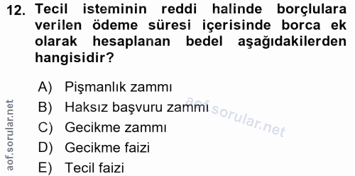 12. soru: Tecil isteminin reddi halinde borçlulara verilen ödeme süresi içerisinde borca ek olarak hesaplanan bedel aşağıdakile…