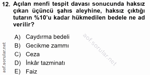 12. soru: Açılan menfi tespit davası sonucunda haksız çıkan üçüncü şahıs aleyhine, haksız çıktığı tutarın %10'u kadar hükmedile…
