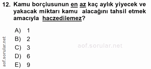 12. soru: Kamu borçlusunun en az kaç aylık yiyecek ve yakacak miktarı kamu alacağını tahsil etmek amacıyla haczedilemez? A) 1 B…