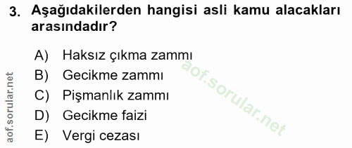 3. soru: Aşağıdakilerden hangisi asli kamu alacakları arasındadır? A) Haksız çıkma zammı B) Gecikme zammı C) Pişmanlık zammı o…