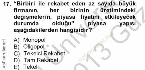 17. soru: "Birbiri ile rekabet eden az sayıda büyük firmanın, her birinin üretimindeki değişmelerin, piyasa fiyatını etkileyece…