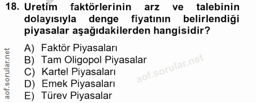 18. soru: Uretim faktörlerinin arz ve talebinin dolayısıyla denge fiyatının belirlendiği piyasalar aşağıdakilerden hangisidir?…