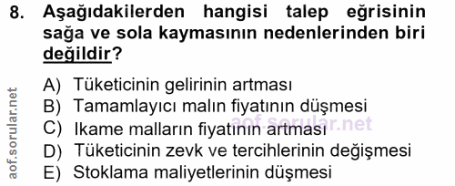 8. soru: Aşağıdakilerden hangisi talep eğrisinin sağa ve sola kaymasının nedenlerinden biri değildir? A) Tüketicinin gelirinin…