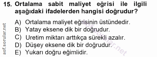 15. soru: Ortalama sabit maliyet eğrisi ile ilgili aşağıdaki ifadelerden hangisi doğrudur? A) Ortalama maliyet eğrisinin üstünd…
