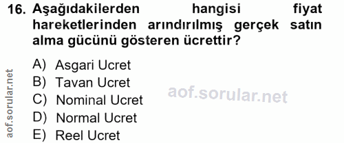 16. soru: Aşağıdakilerden hangisi fiyat hareketlerinden arındırılmış gerçek satin alma gücünü gösteren ücrettir? A) Asgari Ucre…