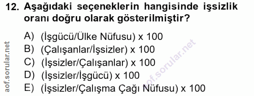 12. soru: Aşağıdaki seçeneklerin hangisinde işsizlik oranı doğru olarak gösterilmiştir? A) (İşgücü/Ülke Nüfusu) × 100 B) (Çalış…