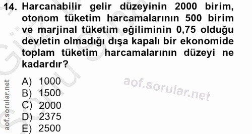 14. soru: Harcanabilir gelir düzeyinin 2000 birim, otonom tüketim harcamalarının 500 birim ve marjinal tüketim eğiliminin 0,75…