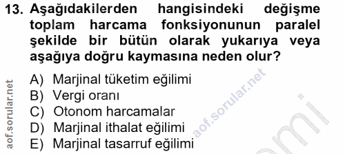 13. soru: Aşağıdakilerden hangisindeki degişme toplam harcama fonksiyonunun paralel şekilde bir bütün olarak yukarıya veya aşağ…