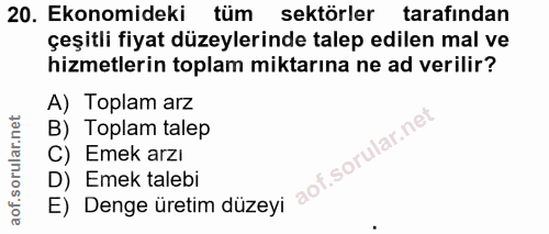 20. soru: Ekonomideki tüm sektörler tarafindan çeşitli fiyat düzeylerinde talep edilen mal ve hizmetlerin toplam miktarına ne a…