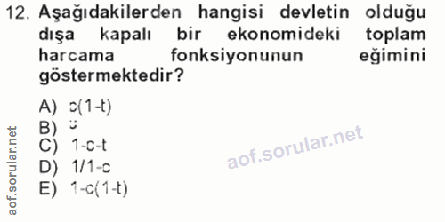12. soru: Aşağıdakilerden hangisi devletin olduğu dışa kapalı bir ekonomideki toplam harcama fonksiyonunun eğimini göstermekted…