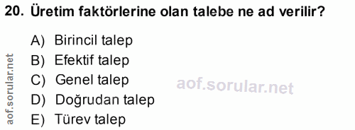 20. soru: Üretim faktörlerine olan talebe ne ad verilir? A) Birincil talep B) Efektif talep C) Genel talep D) Doğrudan talep E)…