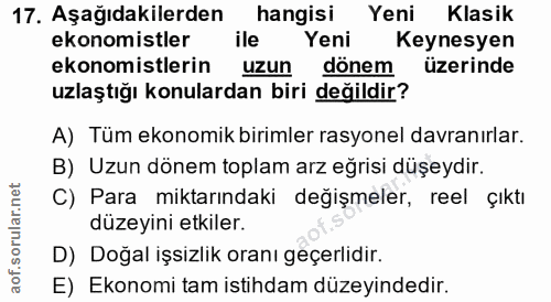 17. soru: Aşağıdakilerden hangisi Yeni Klasik ekonomistler ile Yeni Keynesyen ekonomistlerin uzun dönem üzerinde uzlaştığı konu…