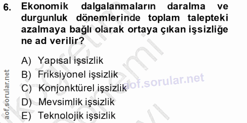 6. soru: Ekonomik dalgalanmaların daralma ve durgunluk dönemlerinde toplam talepteki azalmaya bağlı olarak ortaya çıkan işsizl…