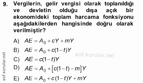 9. soru: Vergilerin, gelir vergisi olarak toplanıldığı ve devletin olduğu dışa açık bir ekonomideki toplam harcama fonksiyonu…
