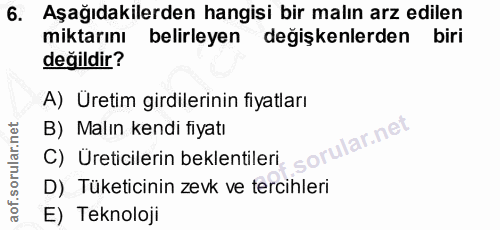 6. soru: Aşağıdakilerden hangisi bir malın arz edilen miktarını belirleyen değişkenlerden biri değildir? A) Üretim girdilerini…