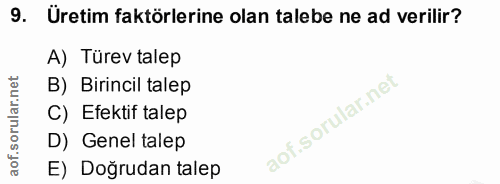 9. soru: Üretim faktörlerine olan talebe ne ad verilir? A) Türev talep B) Birincil talep C) Efektif talep D) Genel talep E) Do…