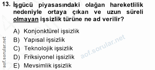 13. soru: İşgücü piyasasındaki olağan hareketlilik nedeniyle ortaya çıkan ve uzun süreli olmayan işsizlik türüne ne ad verilir?…