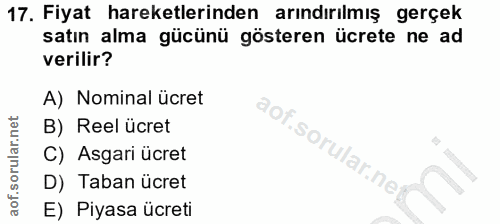 17. soru: Fiyat hareketlerinden arındırılmış gerçek satın alma gücünü gösteren ücrete ne ad verilir? A) Nominal ücret B) Reel ü…