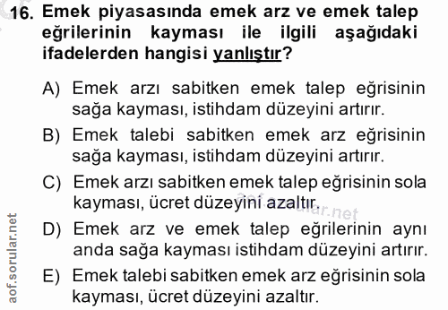 16. soru: Emek piyasasında emek arz ve emek talep eğrilerinin kayması ile ilgili aşağıdaki ifadelerden hangisi yanlıştır? A) Em…