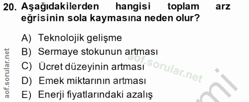 20. soru: Aşağıdakilerden hangisi toplam arz eğrisinin sola kaymasına neden olur? A) Teknolojik gelişme C) Ücret düzeyinin artm…