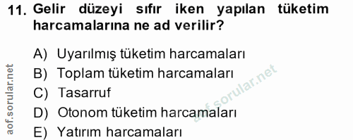 11. soru: Gelir düzeyi sıfır iken yapılan tüketim harcamalarına ne ad verilir? A) Uyarılmış tüketim harcamaları B) Toplam tüket…