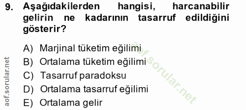 9. soru: Aşağıdakilerden hangisi, harcanabilir gelirin ne kadarının tasarruf edildiğini gösterir? A) Marjinal tüketim eğilimi…