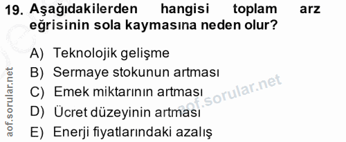 19. soru: Aşağıdakilerden hangisi toplam arz eğrisinin sola kaymasına neden olur? A) Teknolojik gelişme B) Sermaye stokunun art…