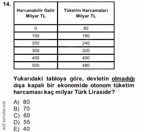 14. soru: Harcanabilir Gelir Tüketim Harcamaları Milyar TL Milyar TL 80 100 160 200 240 300 320 400 400 500 480 Yukarıdaki tabl…