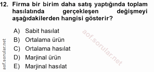 12. soru: Firma bir birim daha satış yaptığında toplam hasılatında gerçekleşen değişmeyi aşağıdakilerden hangisi gösterir? A) S…
