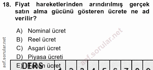 18. soru: Fiyat hareketlerinden arındırılmış gerçek satın alma gücünü gösteren ücrete ne ad verilir? A) Nominal ücret B) Reel ü…