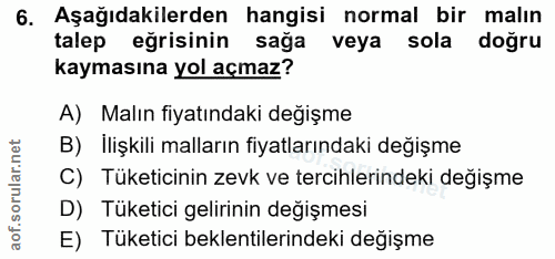 6. soru: Aşağıdakilerden hangisi normal bir malın talep eğrisinin sağa veya sola doğru kaymasına yol açmaz? A) Malın fiyatında…