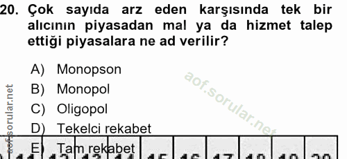 20. soru: Çok sayıda arz eden karşısında tek bir alıcının piyasadan mal ya da hizmet talep ettiği piyasalara ne ad verilir? A)…