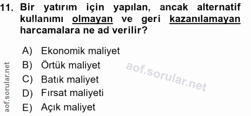 11. soru: Bir yatırım için yapılan, ancak alternatif kullanımı olmayan ve geri kazanılamayan harcamalara ne ad verilir? A) Ekon…