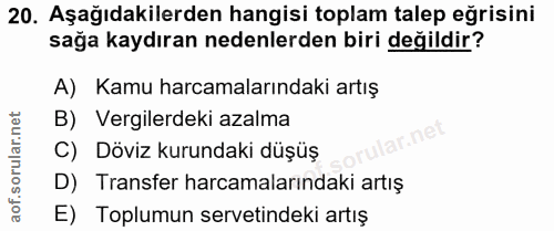 20. soru: Aşağıdakilerden hangisi toplam talep eğrisini sağa kaydıran nedenlerden biri değildir? A) Kamu harcamalarındaki artış…