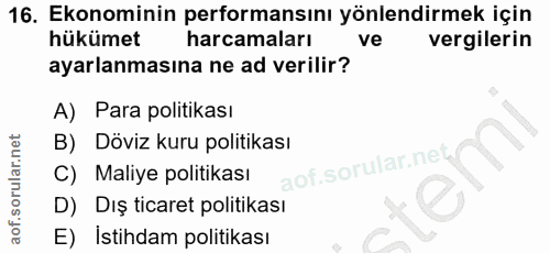 16. soru: Ekonominin performansını yönlendirmek için hükümet harcamaları ve vergilerin ayarlanmasına ne ad verilir? A) Para pol…