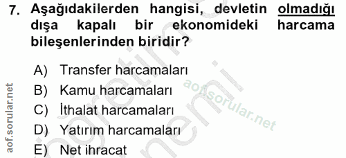 7. soru: Aşağıdakilerden hangisi, devletin olmadığı dışa kapalı bir ekonomideki harcama bileşenlerinden biridir? A) Transfer h…